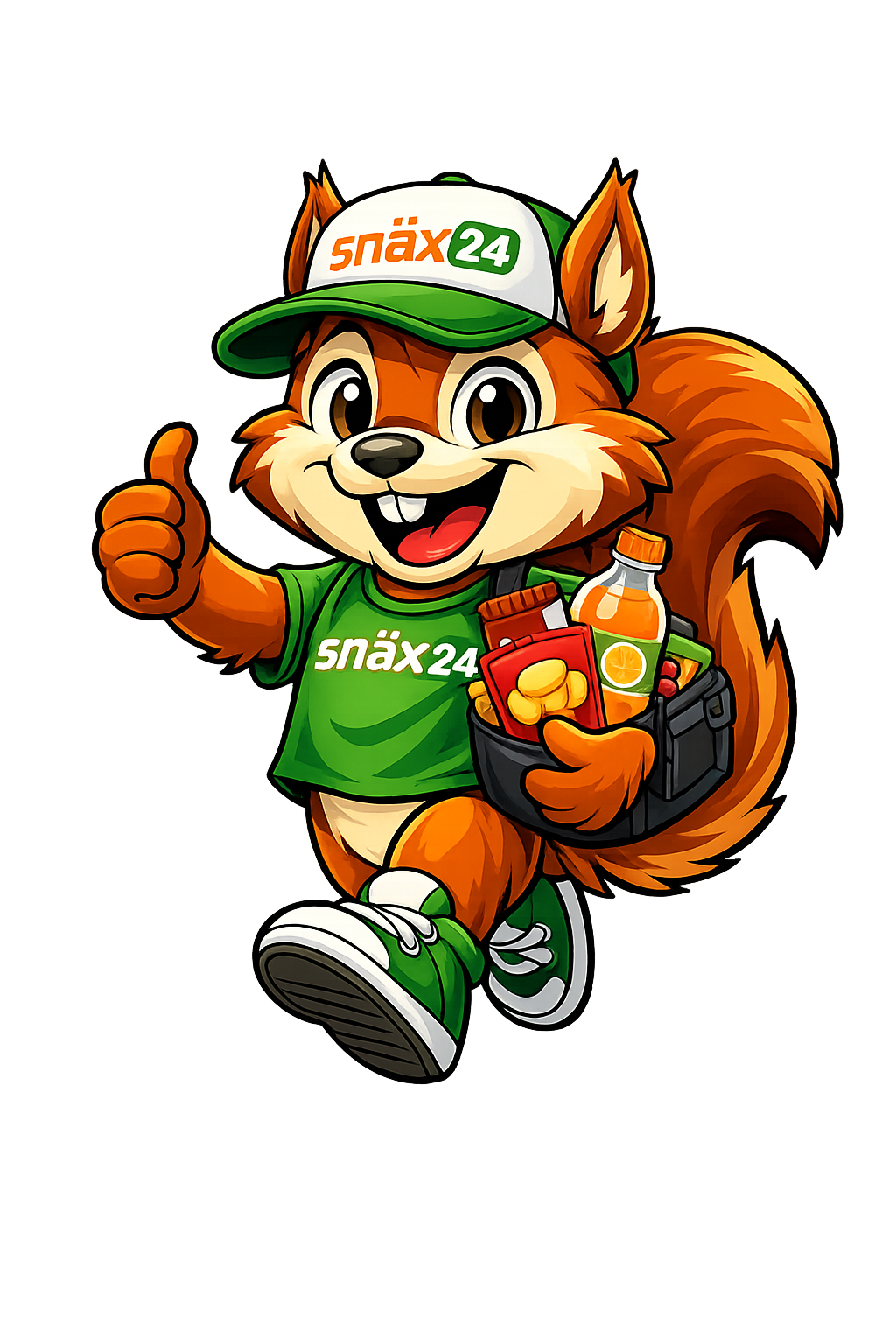 Snäxi – das Snäx24-Maskottchen mit Snacktasche und Daumen hoch